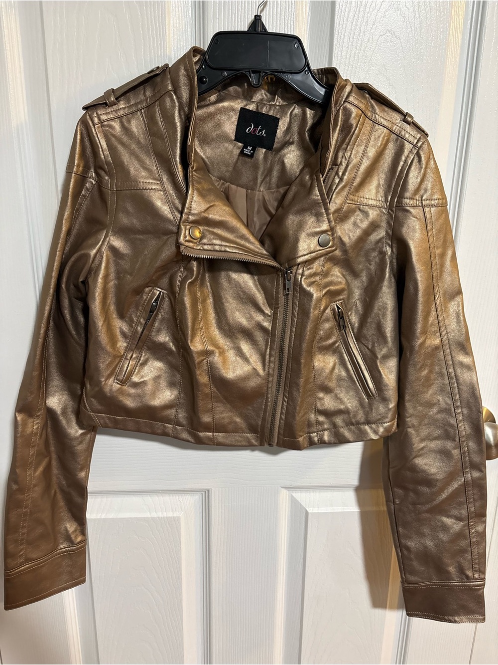 Dots Metallic Gold Faux Leather Moto Jacket - Size Medium